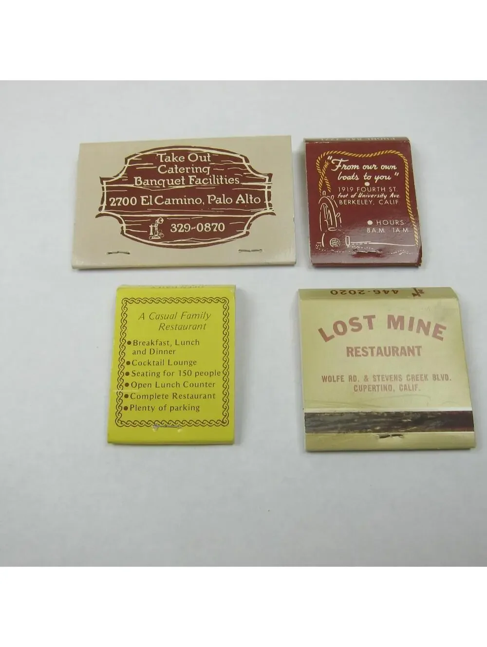 4 Matchbook Covers Antique A Restaurant Spengers Fish Grotto Gildas Lost Mine CA
